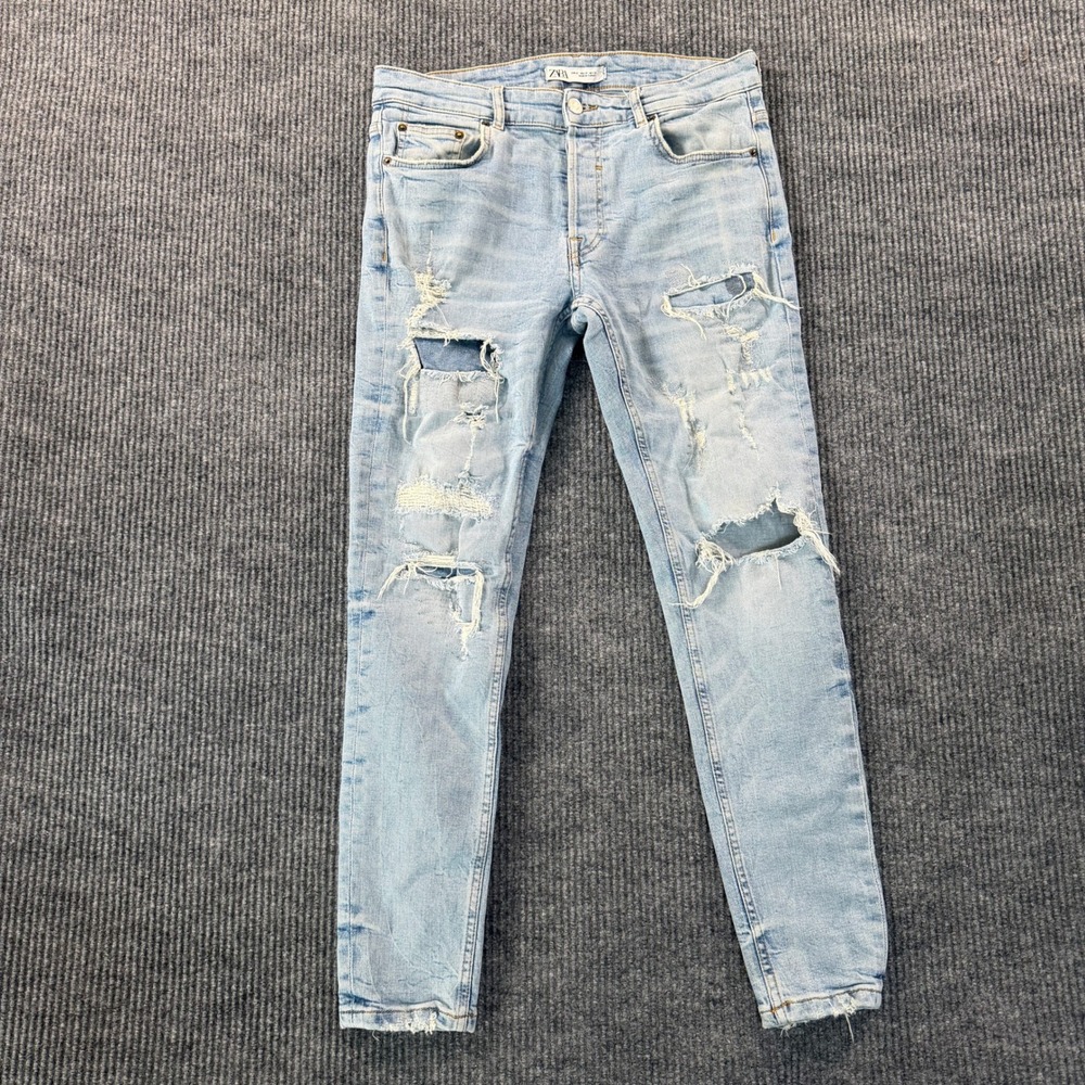 Zara Mens Skinny Distressed Jeans 32 Light Blue Ripped Denim Streetwear